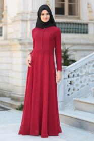 Tesettürlü Abiye Elbise - Üzeri Dantel Detaylı Bordo Tesettür Abiye Elbise 2275BR - Thumbnail