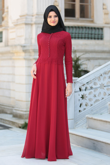 Tesettürlü Abiye Elbise - Üzeri Dantel Detaylı Bordo Tesettür Abiye Elbise 2275BR