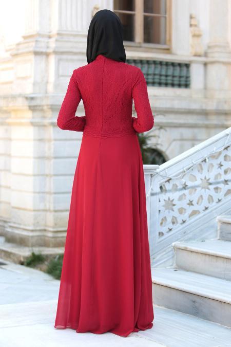 Tesettürlü Abiye Elbise - Üzeri Dantel Detaylı Bordo Tesettür Abiye Elbise 2275BR - 3