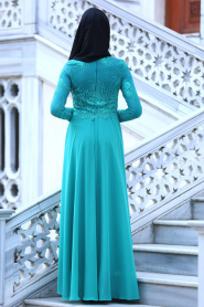 Tesettürlü Abiye Elbise - Üzeri Dantel Detaylı Çağla Yeşili Tesettür Abiye Elbise 76460CY - Thumbnail