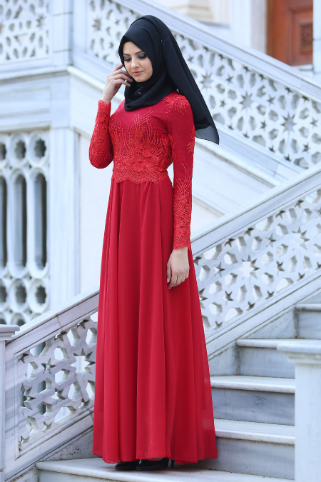 Tesettürlü Abiye Elbise - Üzeri Dantel Detaylı Kırmızı Tesettür Abiye Elbise 76460K