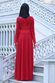 Tesettürlü Abiye Elbise - Üzeri Dantel Detaylı Kırmızı Tesettür Abiye Elbise 76460K - Thumbnail