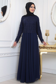 Tesettürlü Abiye Elbise - Üzeri Dantel Detaylı Lacivert Tesettür Abiye Elbise 80160L - Thumbnail