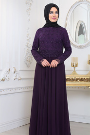 Tesettürlü Abiye Elbise - Üzeri Dantel Detaylı Mor Tesettür Abiye Elbise 80160MOR - Thumbnail