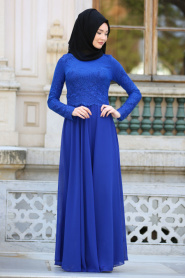 Tesettürlü Abiye Elbise - Üzeri Dantel Detaylı Saks Mavisi Tesettür Abiye Elbise 76460SX - Thumbnail