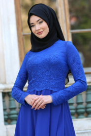Tesettürlü Abiye Elbise - Üzeri Dantel Detaylı Saks Mavisi Tesettür Abiye Elbise 76460SX - Thumbnail