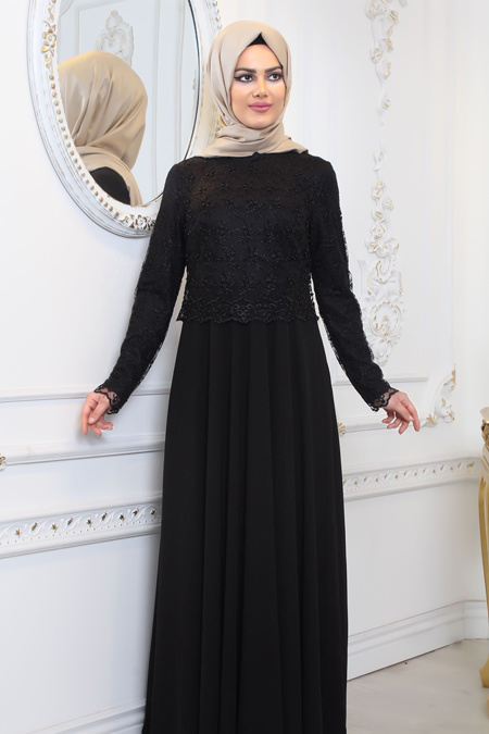 Tesettürlü Abiye Elbise - Üzeri Dantel Detaylı Siyah Tesettür Abiye Elbise 80160S