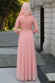 Tesettürlü Abiye Elbise - Üzeri Dantel Detaylı Somon Tesettür Abiye Elbise 76460SMN - Thumbnail