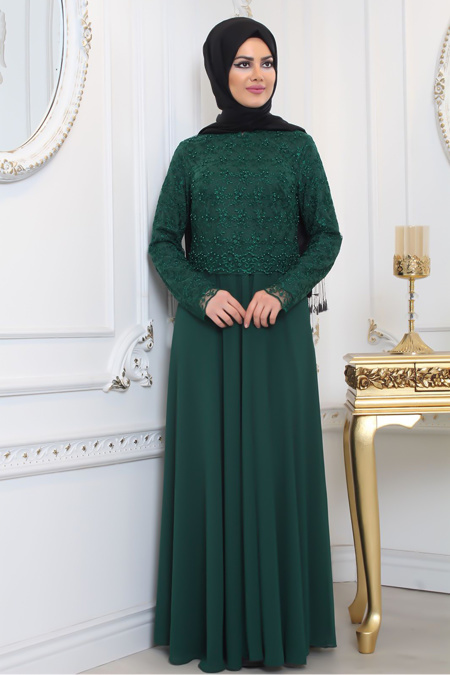 Tesettürlü Abiye Elbise - Üzeri Dantel Detaylı Yeşil Tesettür Abiye Elbise 80160Y