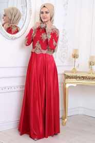 Tesettürlü Abiye Elbise - Üzeri Dantel İşleme Kırmızı Tesettür Abiye Elbise 7363K - Thumbnail
