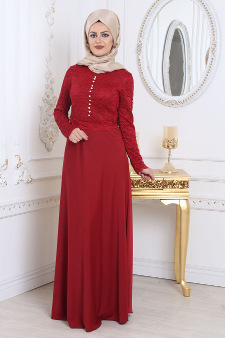 Tesettürlü Abiye Elbise - Üzeri Dantelli Kırmızı Tesettür Abiye Elbise 78590K