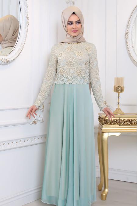 Tesettürlü Abiye Elbise - Üzeri Dantelli Mint Tesettür Abiye Elbise 80110MINT - 2