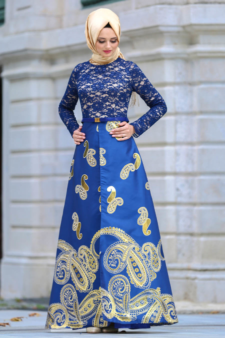 Tesettürlü Abiye Elbise - Üzeri Dantelli Sax Mavisi Jakarlı Tesettür Abiye Elbise 82447SX