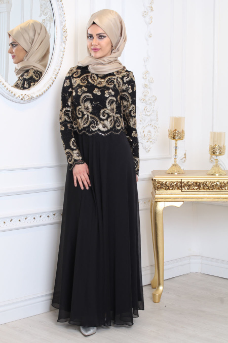 Tesettürlü Abiye Elbise - Üzeri Dantelli Siyah Tesettür Abiye Elbise 80090S