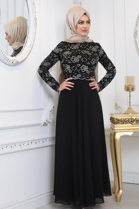Tesettürlü Abiye Elbise - Üzeri Dantelli Siyah Tesettür Abiye Elbise 80110S - 1