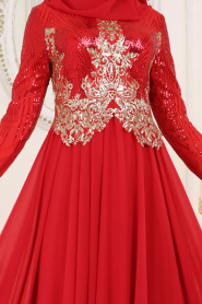 Tesettürlü Abiye Elbise - Üzeri Pul Payetli Kırmızı Tesettür Abiye Elbise 7973K - Thumbnail