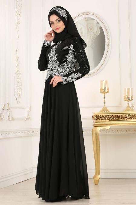 Tesettürlü Abiye Elbise - Üzeri Pul Payetli Siyah Tesettür Abiye Elbise 79730S - 2