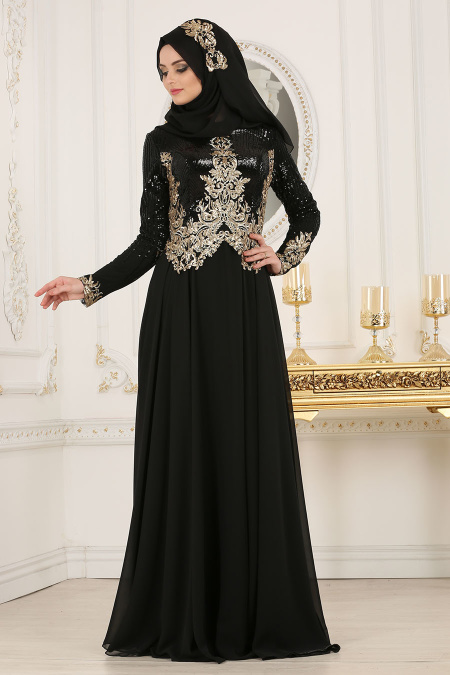 Tesettürlü Abiye Elbise - Üzeri Pul Payetli Siyah Tesettür Abiye Elbise 7973S