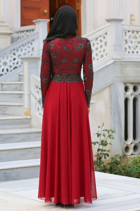 Tesettürlü Abiye Elbise - Üzeri Siyah Tüllü Bordo Tesettür Abiye Elbise 7697BR - 2