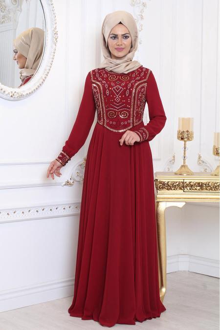Tesettürlü Abiye Elbise - Üzeri Taş Detaylı Bordo Tesettür Abiye Elbise 7977BR - 2
