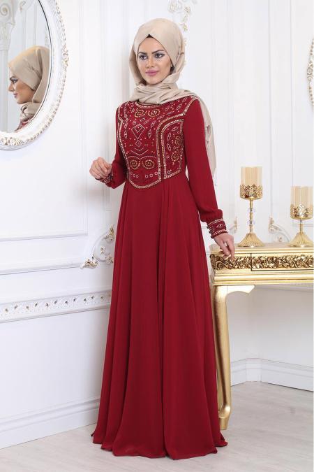 Tesettürlü Abiye Elbise - Üzeri Taş Detaylı Bordo Tesettür Abiye Elbise 7977BR - 3