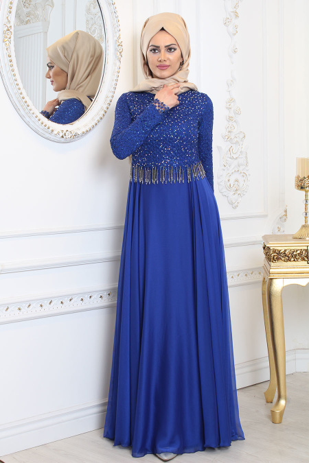 Tesettürlü Abiye Elbise - Üzeri Taş Detaylı Saks Mavisi Tesettür Abiye Elbise 7991SX