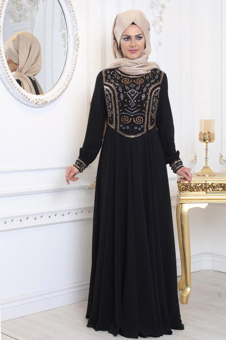 Tesettürlü Abiye Elbise - Üzeri Taş Detaylı Siyah Tesettür Abiye Elbise 7977S
