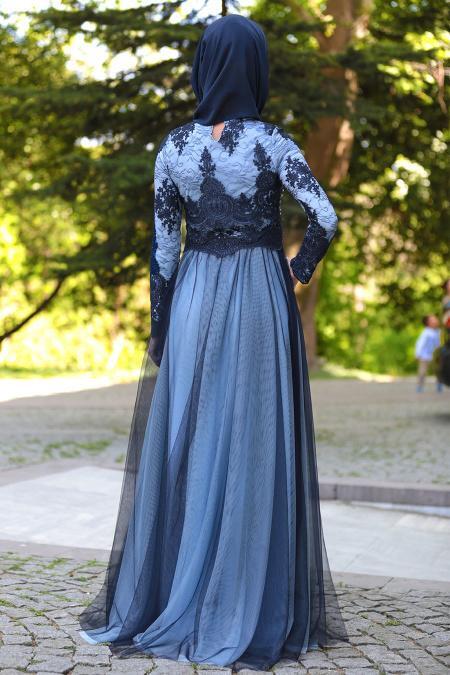 Tesettürlü Abiye Elbise - Üzeri Tül Detaylı Bebek Mavisi Tesettürlü Abiye Elbise 7659BM - 3