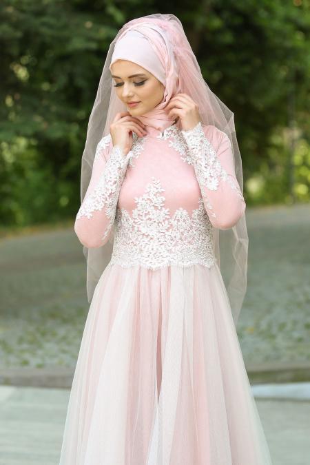 Tesettürlü Abiye Elbise - Üzeri Tül Detaylı Pudra Tesettürlü Abiye Elbise 7659PD - 2