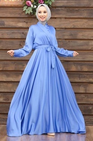 Tesettürlü Abiye Elbise - V Yaka Krep Saten Mavi Tesettür Abiye Elbise 1418M - Thumbnail