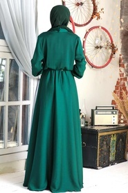 Tesettürlü Abiye Elbise - V Yaka Krep Saten Yeşil Tesettür Abiye Elbise 1418Y - Thumbnail