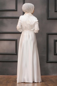 Tesettürlü Abiye Elbise - V Yaka Saten Beyaz Tesettür Abiye Elbise 1418B - Thumbnail