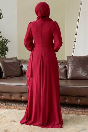 Tesettürlü Abiye Elbise - Volan Detaylı Bordo Tesettür Abiye Elbise 5718BR - 4