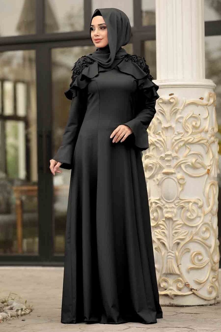Tesettürlü Abiye Elbise - Volan Kol Siyah Tesettür Abiye Elbise 3633S