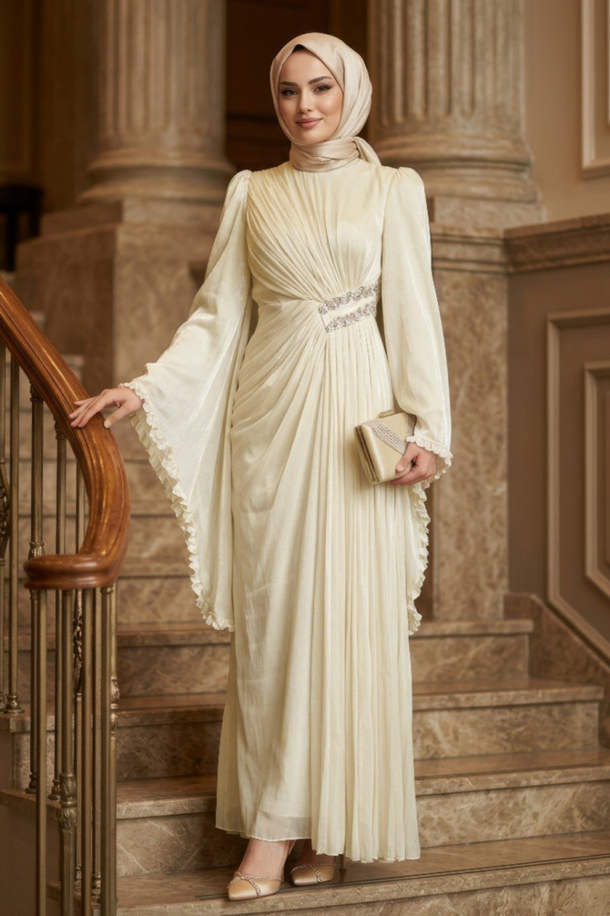 Tesettürlü Abiye Elbise - Volan Kollu Bej Tesettür Abiye Elbise 5322BEJ - 1