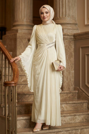 Tesettürlü Abiye Elbise - Volan Kollu Bej Tesettür Abiye Elbise 5322BEJ - N.S NEVA STYLE