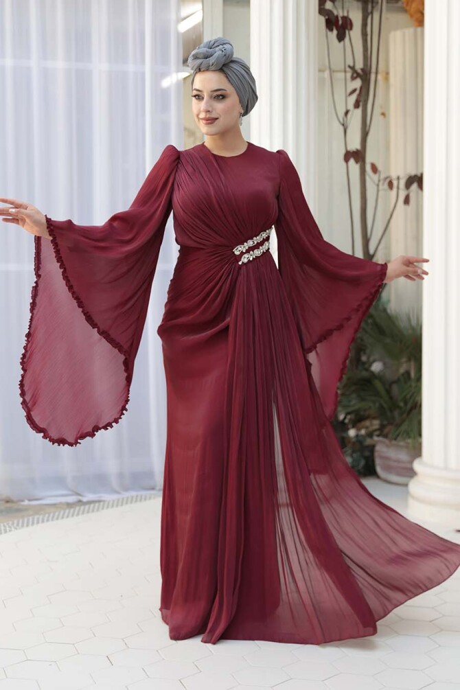 Tesettürlü Abiye Elbise - Volan Kollu Bordo Tesettür Abiye Elbise 5322BR - N.S NEVA STYLE