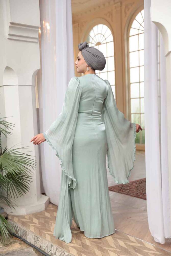 Tesettürlü Abiye Elbise - Volan Kollu Çağla Yeşili Tesettür Abiye Elbise 5322CY - 3