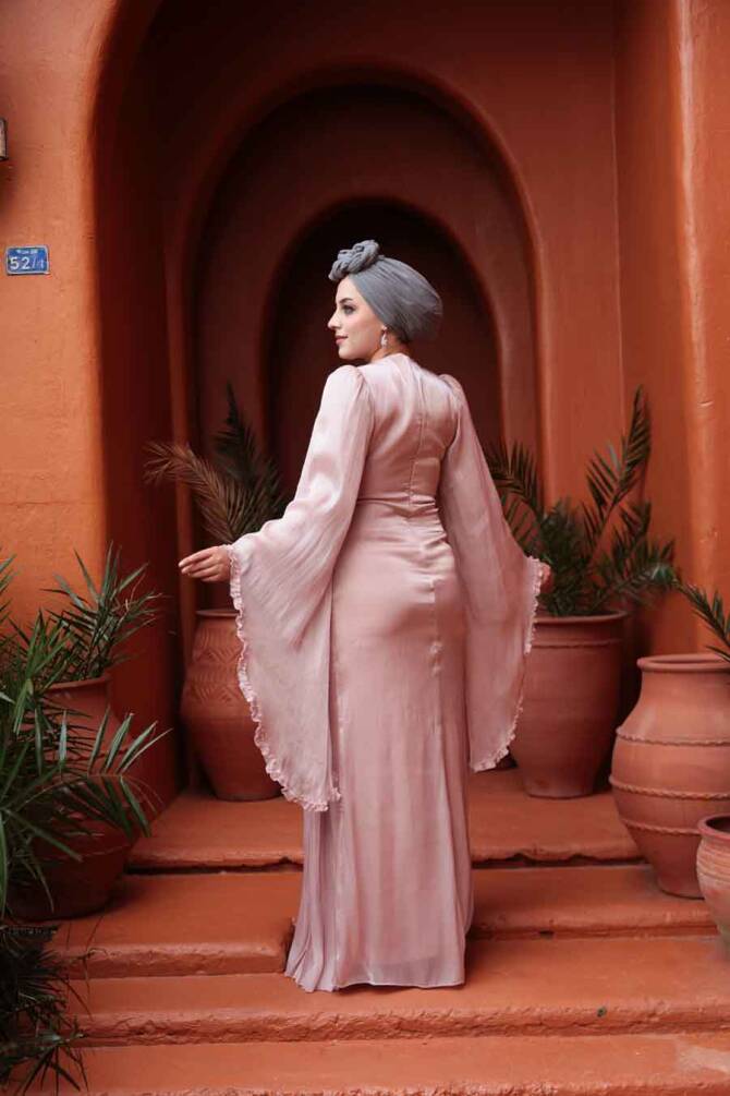 Tesettürlü Abiye Elbise - Volan Kollu Gül Kurusu Tesettür Abiye Elbise 5322GK - 4