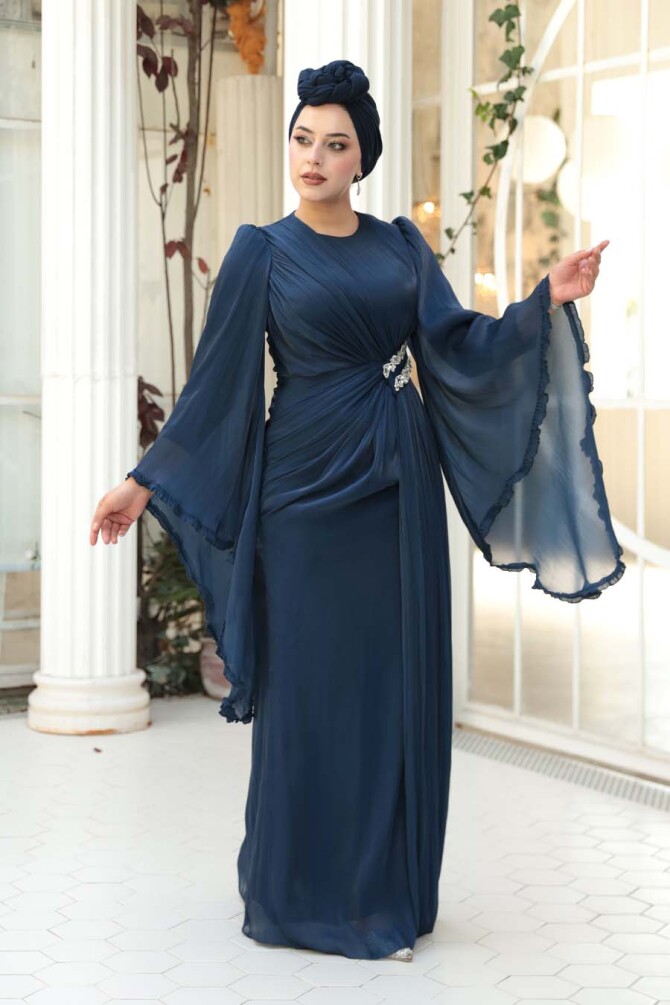 Tesettürlü Abiye Elbise - Volan Kollu Lacivert Tesettür Abiye Elbise 5322L - N.S NEVA STYLE