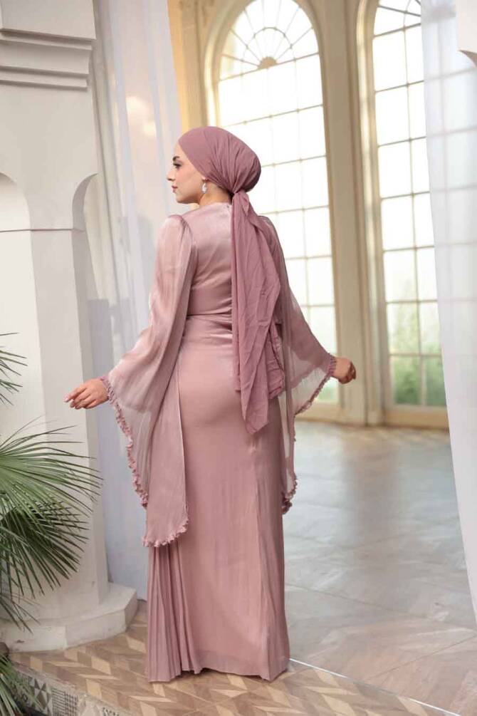 Tesettürlü Abiye Elbise - Volan Kollu Pudra Tesettür Abiye Elbise 5322PD - 4