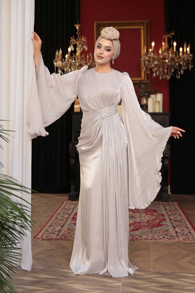 Tesettürlü Abiye Elbise - Volan Kollu Taş Tesettür Abiye Elbise 5322TAS - 1