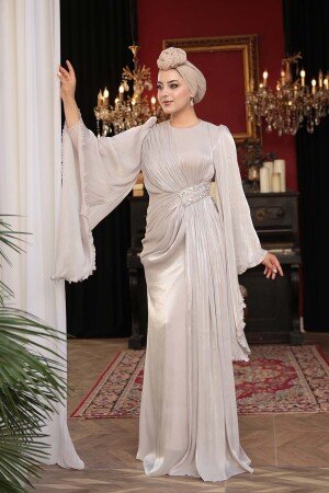 Tesettürlü Abiye Elbise - Volan Kollu Taş Tesettür Abiye Elbise 5322TAS - 2