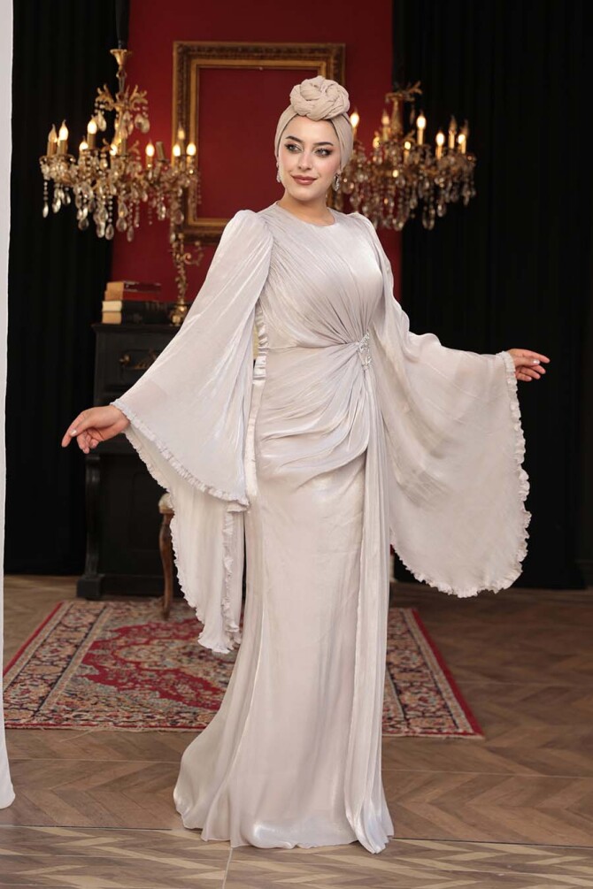 Tesettürlü Abiye Elbise - Volan Kollu Taş Tesettür Abiye Elbise 5322TAS - 3