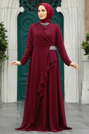 Tesettürlü Abiye Elbise - Volanlı Bordo Tesettür Abiye Elbise 25850BR - 1
