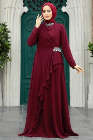 Tesettürlü Abiye Elbise - Volanlı Bordo Tesettür Abiye Elbise 25850BR - 2