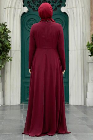 Tesettürlü Abiye Elbise - Volanlı Bordo Tesettür Abiye Elbise 25850BR - 3