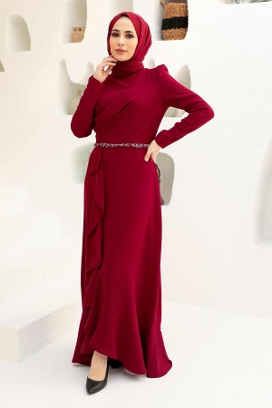 Tesettürlü Abiye Elbise - Volanlı Bordo Tesettür Abiye Elbise 3225BR - 1