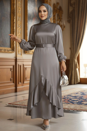 Tesettürlü Abiye Elbise - Volanlı Gri Tesettür Abiye Elbise 4566GR - 1