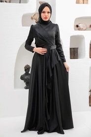 Tesettürlü Abiye Elbise - Volanlı Siyah Tesettür Abiye Elbise 22431S - Thumbnail